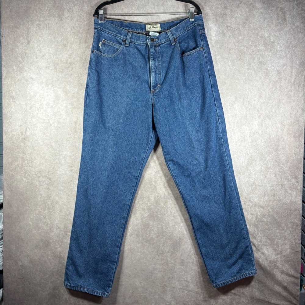 LL‎ Bean Jeans Mens 35x30 Blue Natural Fit Flannel Lined Plaid Denim Rugged Work